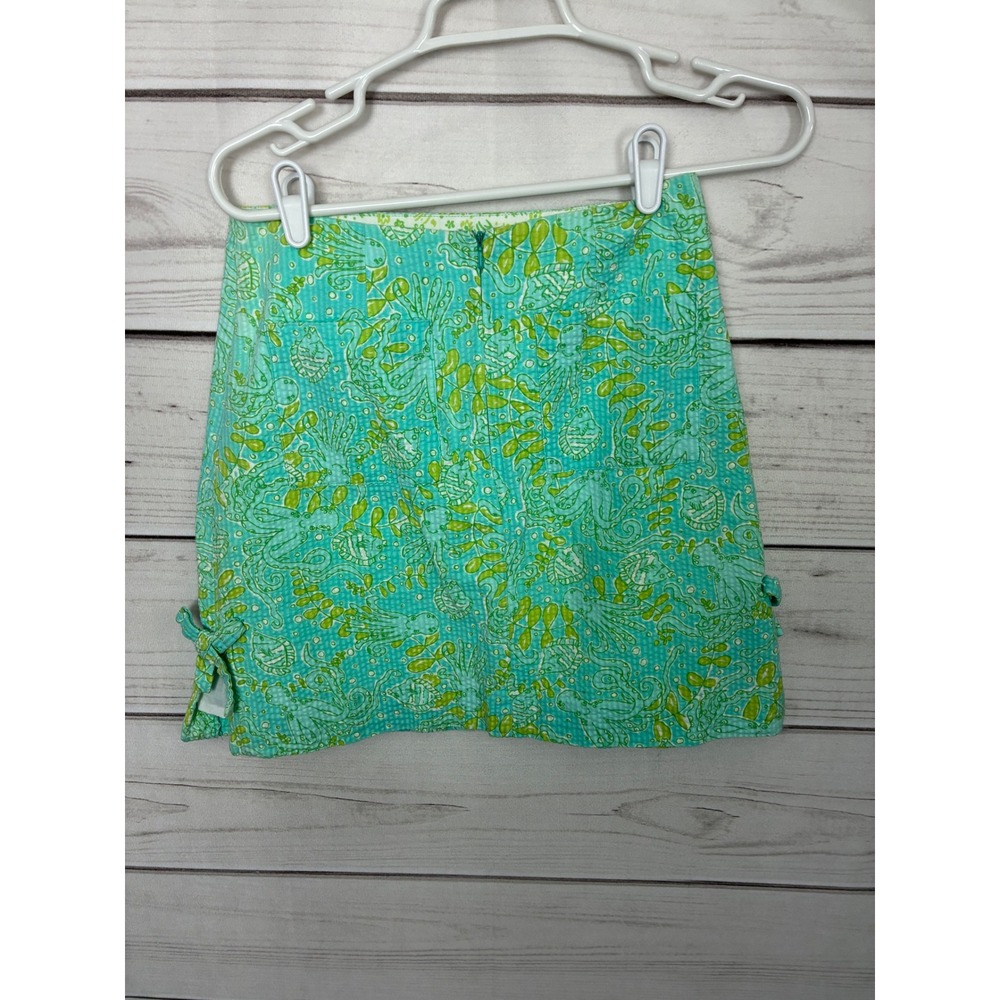 Lilly Pulitzer Turquoise Green Octopus Seersucker Bow Mini Skirt Womens 4 - Picture 2 of 8